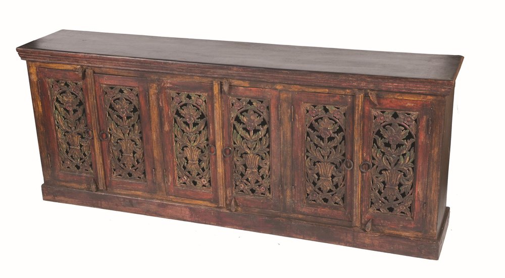 90" Red Distressed Solid Wood Carved Scrollwork Buffet Table With Six Doors on a white background