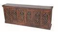 90" Red Distressed Solid Wood Carved Scrollwork Buffet Table With Six Doors on a white background