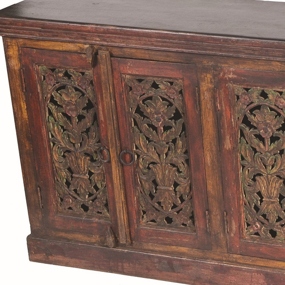 90" Red Distressed Solid Wood Carved Scrollwork Buffet Table With Six Doors close-up detail