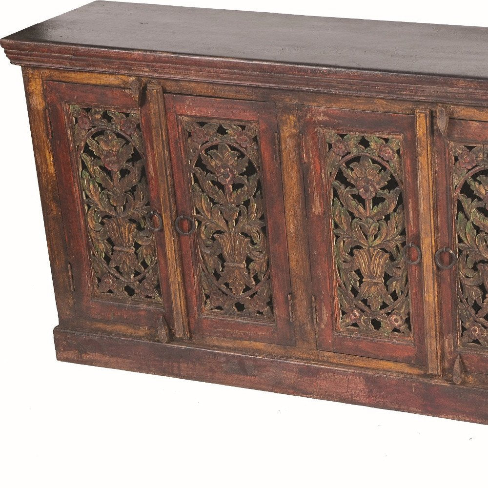 90" Red Distressed Solid Wood Carved Scrollwork Buffet Table With Six Doors on a white background