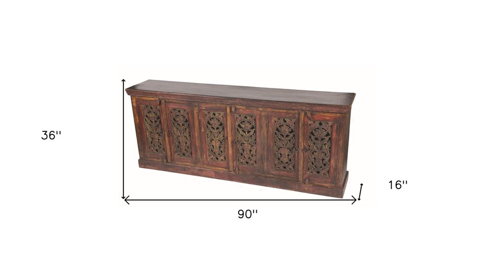 90" Red Distressed Solid Wood Carved Scrollwork Buffet Table With Six Doors on a white background
