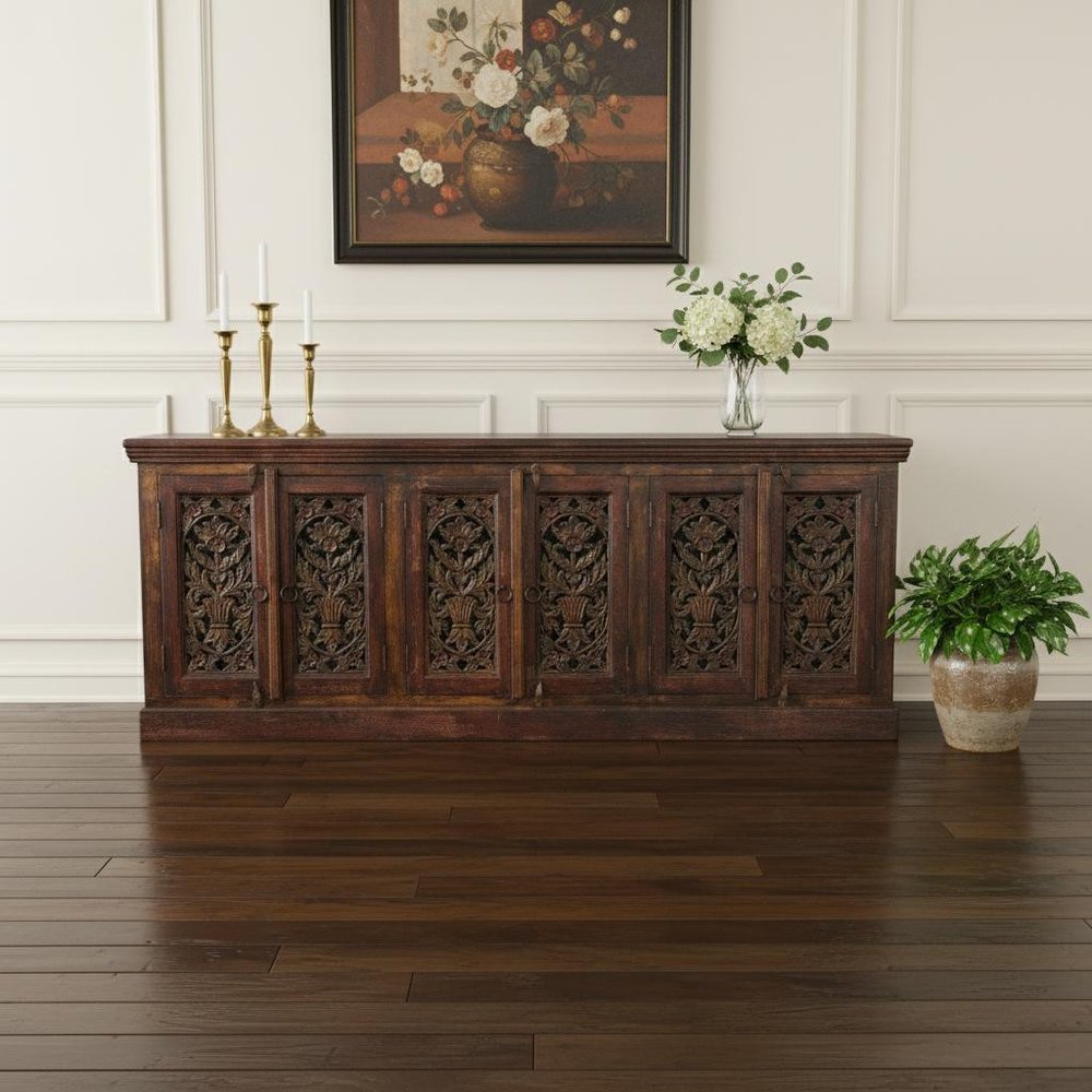 90" Red Distressed Solid Wood Carved Scrollwork Buffet Table With Six Doors in a home interior