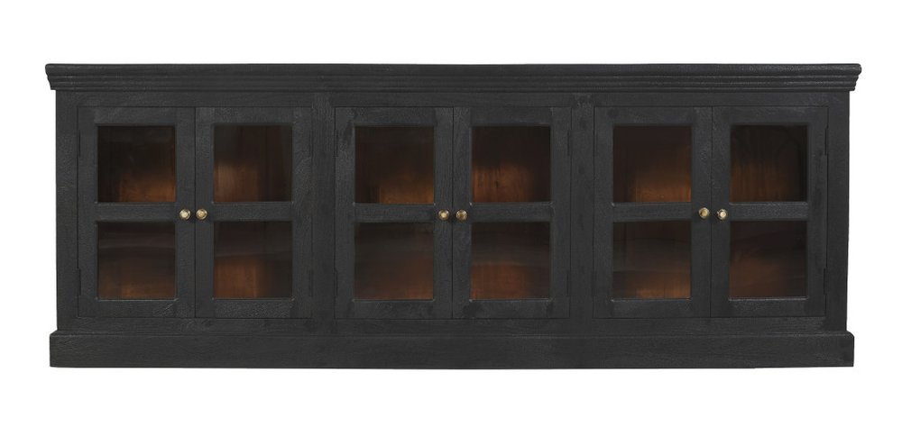 Charcoal distressed solid wood sideboard with six glass doors and brass knobs.
