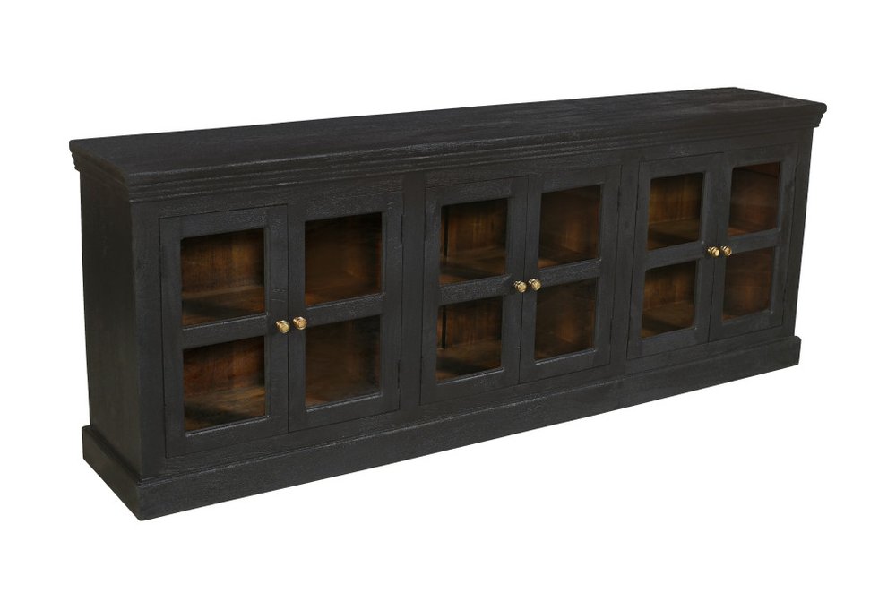 93" Charcoal Distressed Solid Wood Sideboard With Six Glass Doors