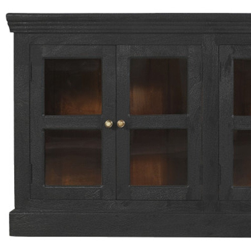 93" Charcoal Distressed Solid Wood Sideboard With Six Glass Doors