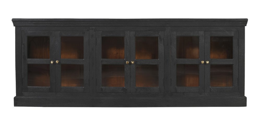 93" Charcoal Distressed Solid Wood Sideboard With Six Glass Doors