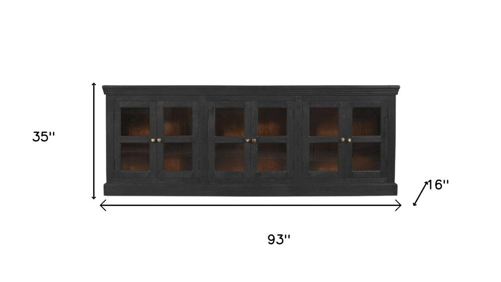 93" Charcoal Distressed Solid Wood Sideboard With Six Glass Doors on a white background