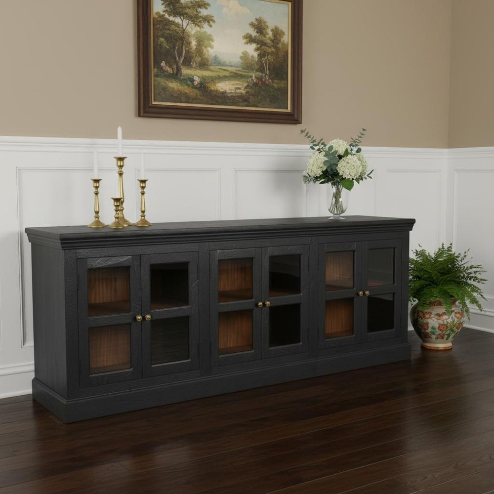 93" Charcoal Distressed Solid Wood Sideboard With Six Glass Doors