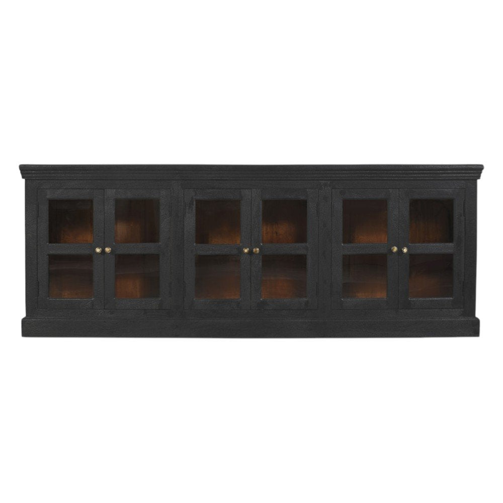93" Charcoal Distressed Solid Wood Sideboard With Six Glass Doors on a white background
