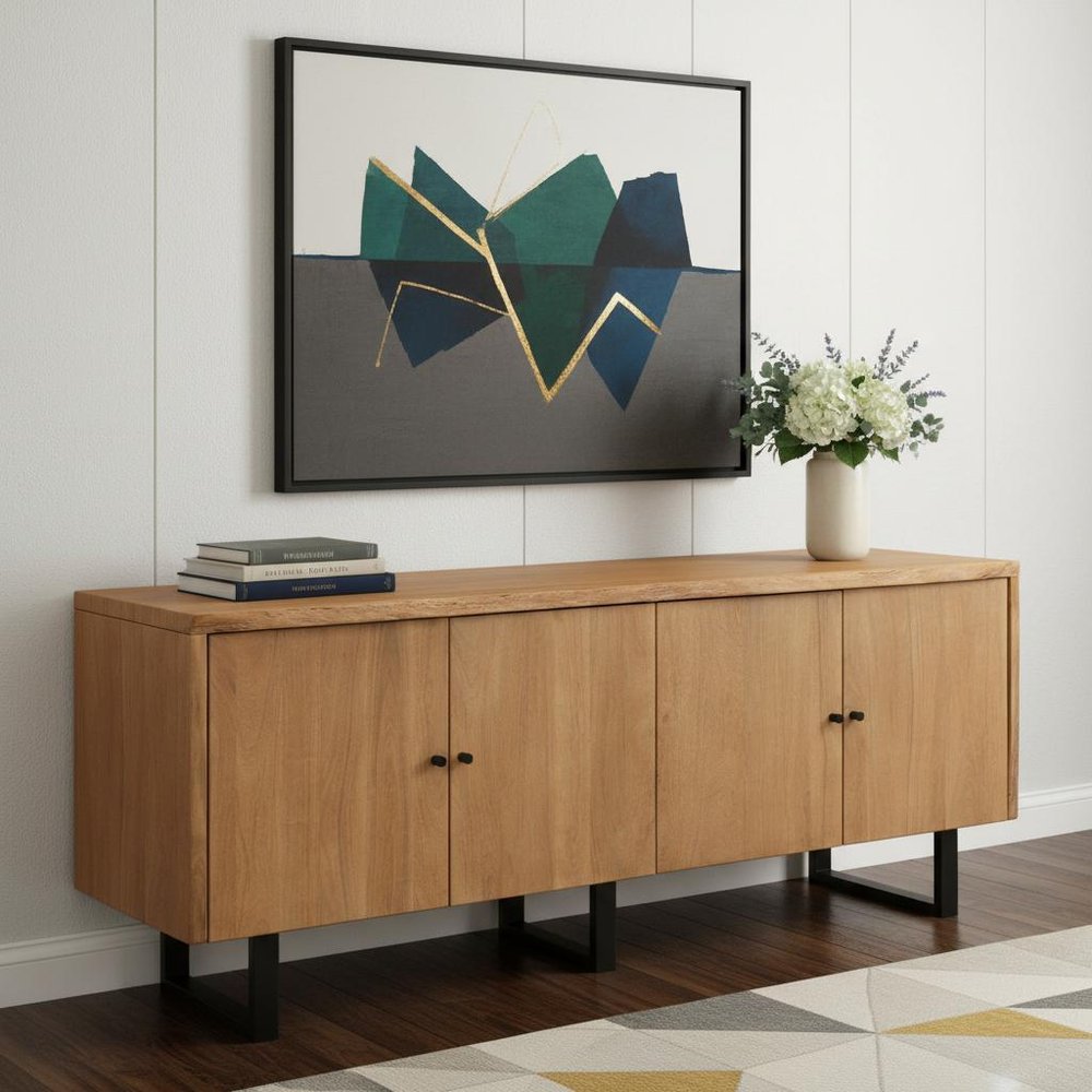 80" Natural Distressed Solid Wood Live Edge Credenza With Four Doors in a home interior
