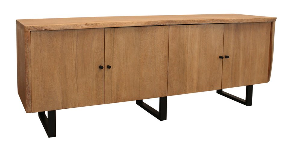 Natural distressed solid wood credenza with four doors and black metal legs on a white background.