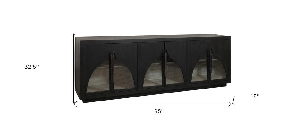 95" Dark Brown Distressed Solid Wood Sideboard with Six Doors on a white background