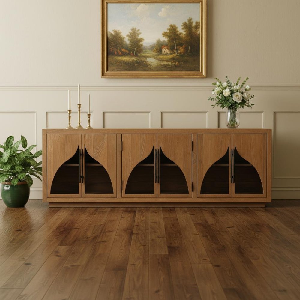 95" Natural Distressed Solid Wood Sideboard with Six Doors in a home interior