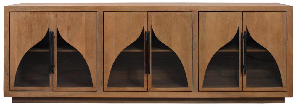 Natural distressed solid wood sideboard with six doors and glass panels.