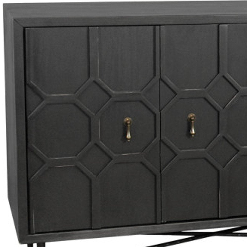 91" Black Distressed Reclaimed Wood Carved Geometric Sideboard With Six Doors close-up detail
