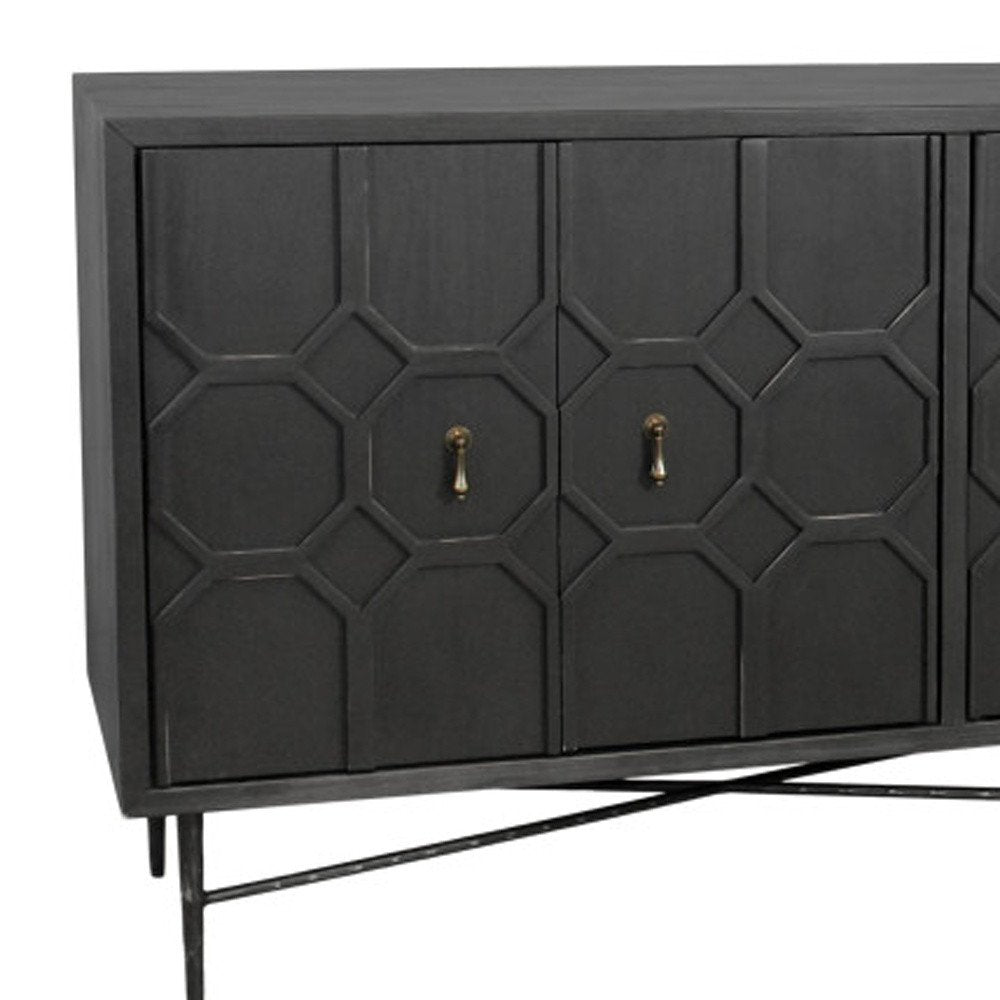 91" Black Distressed Reclaimed Wood Carved Geometric Sideboard With Six Doors on a white background