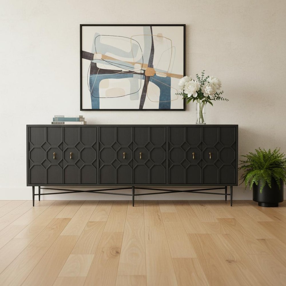 91" Black Distressed Reclaimed Wood Carved Geometric Sideboard With Six Doors in a home interior