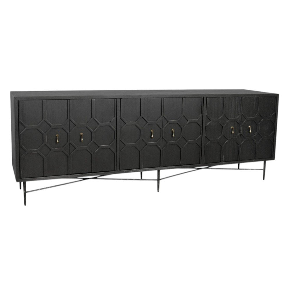 91" Black Distressed Reclaimed Wood Carved Geometric Sideboard With Six Doors on a white background