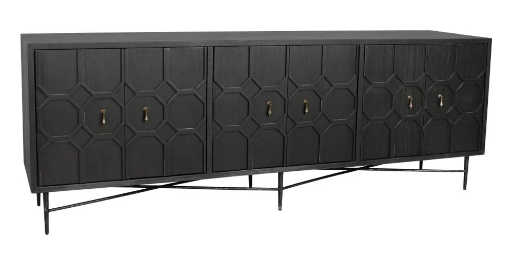 91" Black Distressed Reclaimed Wood Carved Geometric Sideboard With Six Doors