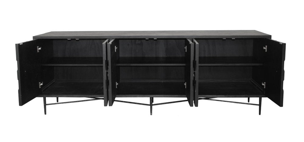 91" Black Distressed Reclaimed Wood Carved Geometric Sideboard With Six Doors