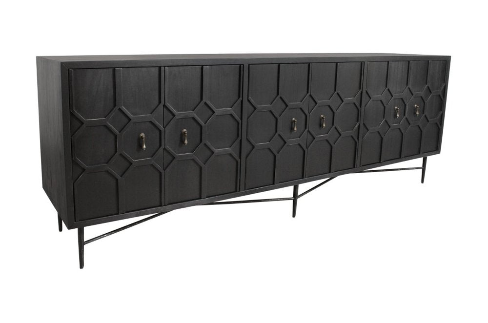 91" Black Distressed Reclaimed Wood Carved Geometric Sideboard With Six Doors on a white background