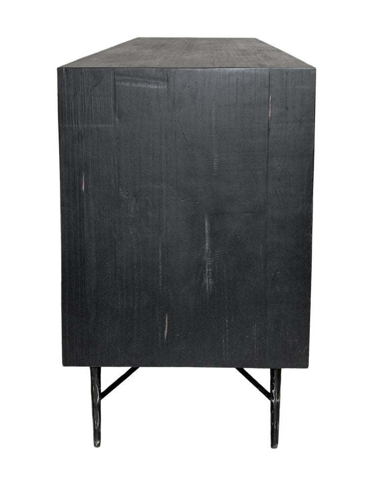 91" Black Distressed Reclaimed Wood Carved Geometric Sideboard With Six Doors