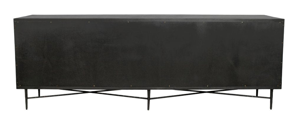 91" Black Distressed Reclaimed Wood Carved Geometric Sideboard With Six Doors