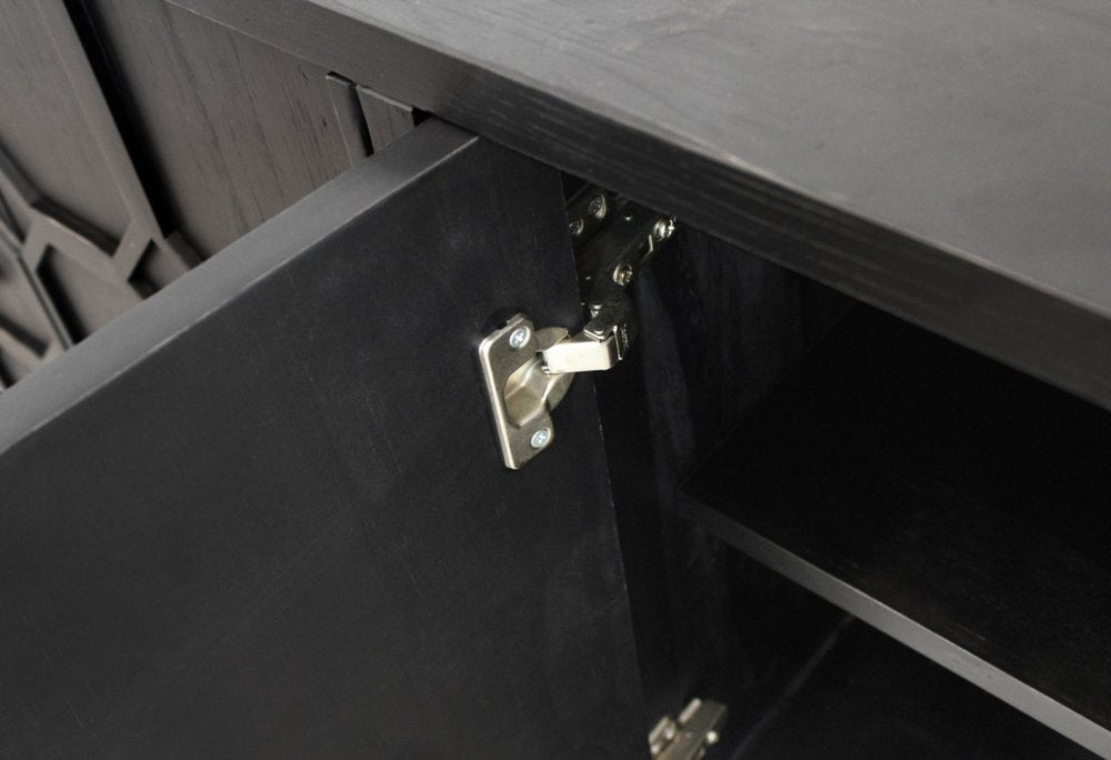 91" Black Distressed Reclaimed Wood Carved Geometric Sideboard With Six Doors close-up detail