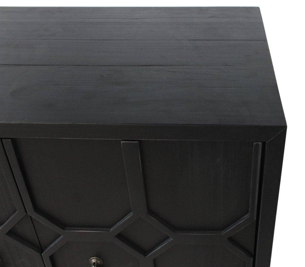 91" Black Distressed Reclaimed Wood Carved Geometric Sideboard With Six Doors close-up detail