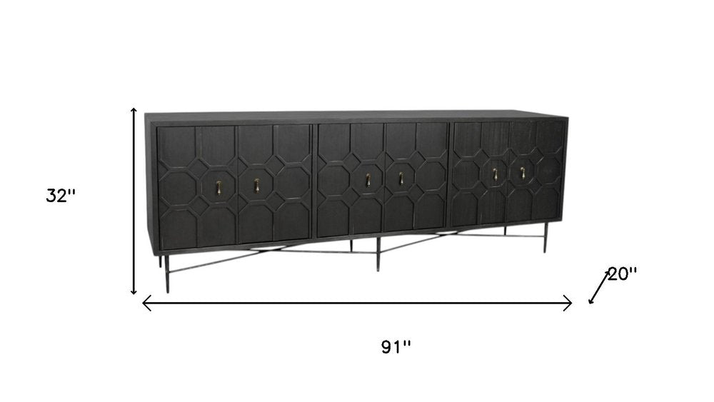 91" Black Distressed Reclaimed Wood Carved Geometric Sideboard With Six Doors on a white background