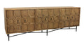 91" Natural Distressed Solid Wood Carved Geometric Sideboard with Six Doors on a white background