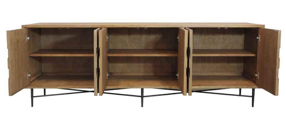 91" Natural Distressed Solid Wood Carved Geometric Sideboard with Six Doors on a white background