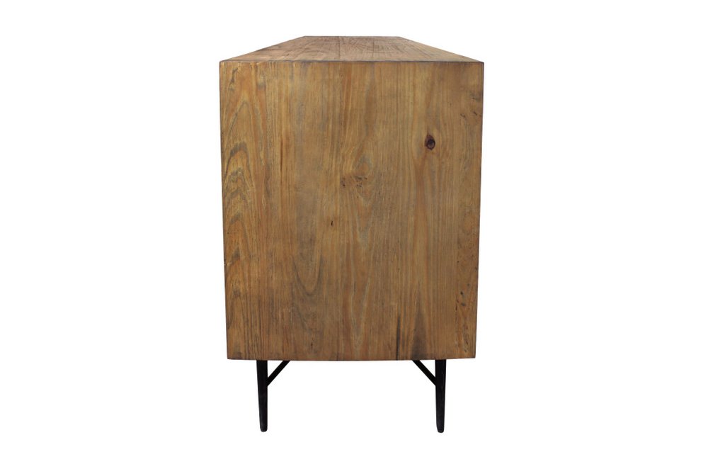 91" Natural Distressed Solid Wood Carved Geometric Sideboard with Six Doors on a white background