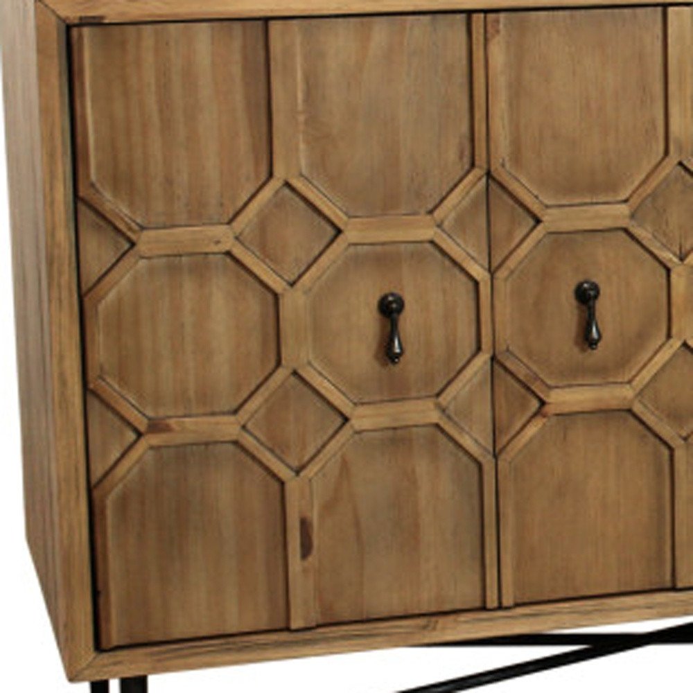 91" Natural Distressed Solid Wood Carved Geometric Sideboard with Six Doors