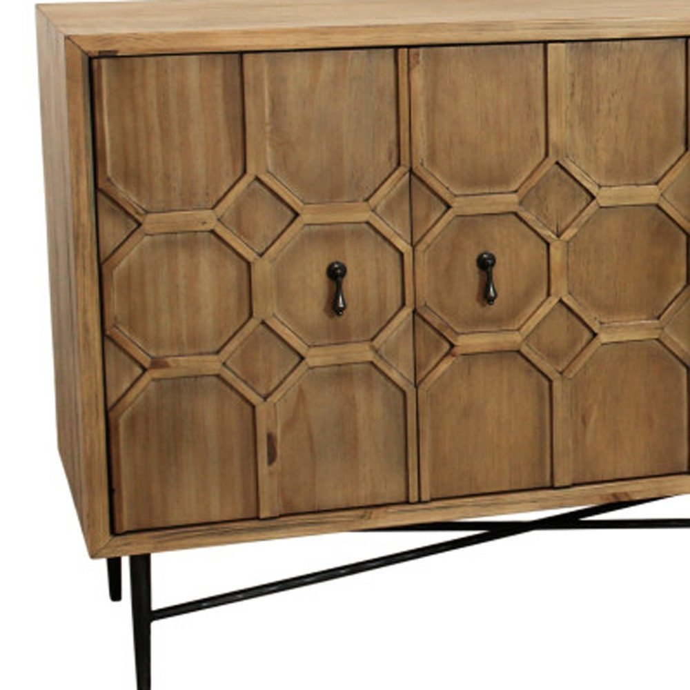 91" Natural Distressed Solid Wood Carved Geometric Sideboard with Six Doors