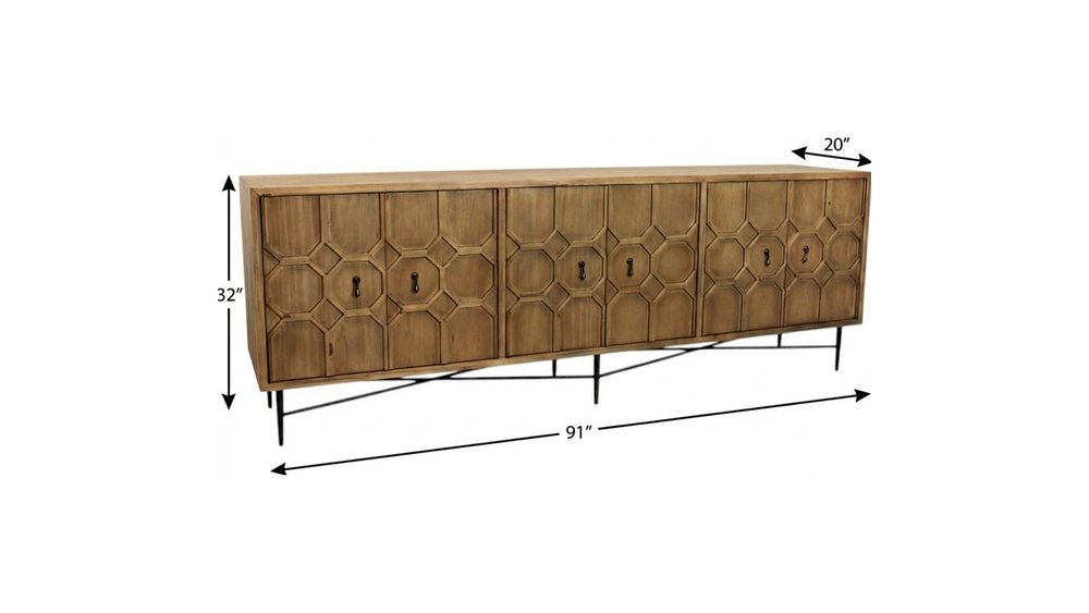 91" Natural Distressed Solid Wood Carved Geometric Sideboard with Six Doors on a white background