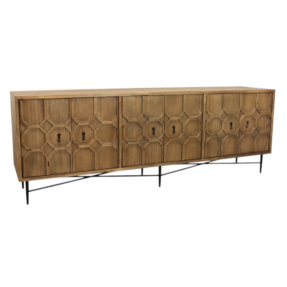 91" Natural Distressed Solid Wood Carved Geometric Sideboard with Six Doors on a white background