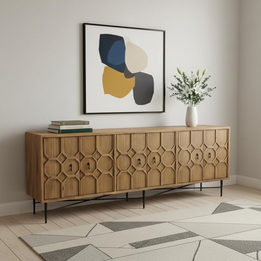 91" Natural Distressed Solid Wood Carved Geometric Sideboard with Six Doors on a white background