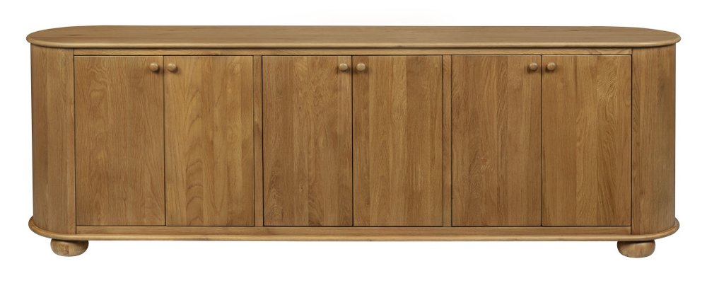 Natural distressed solid wood sideboard with six doors and rounded edges on a white background.