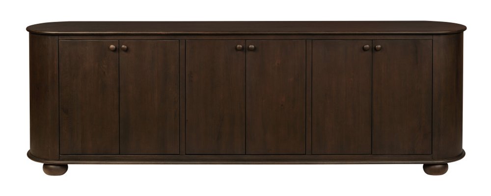 Brown distressed solid wood sideboard with six doors and rounded legs on a white background.