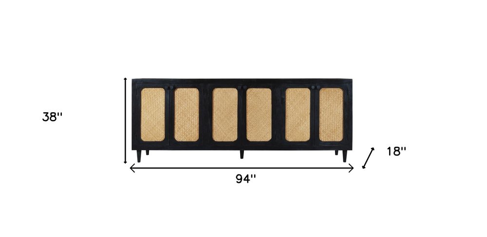 94" Black Distressed Solid Wood Sideboard with Six Doors on a white background