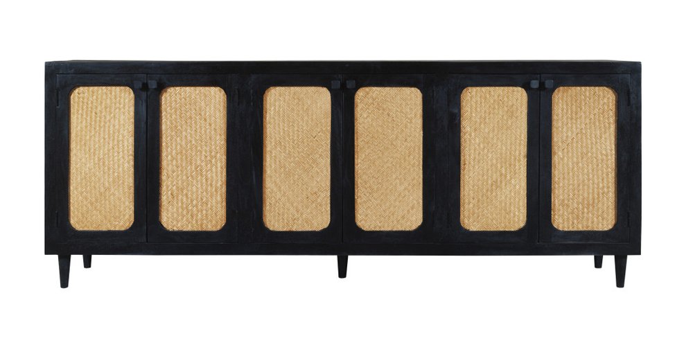 Black distressed solid wood sideboard with six cane doors and tapered legs on a white background.