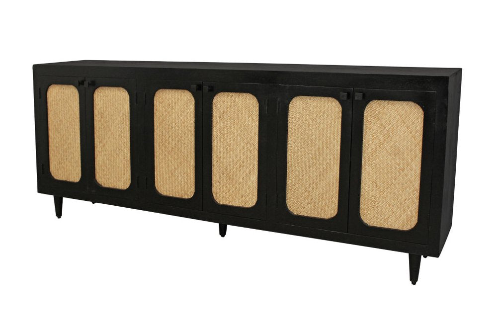 94" Black Distressed Solid Wood Sideboard with Six Doors on a white background