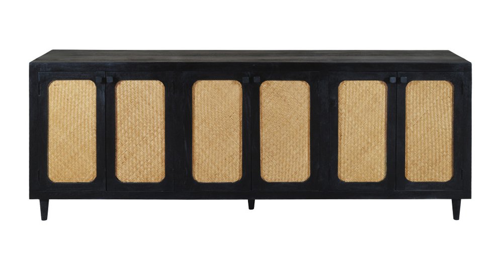 94" Black Distressed Solid Wood Sideboard with Six Doors on a white background