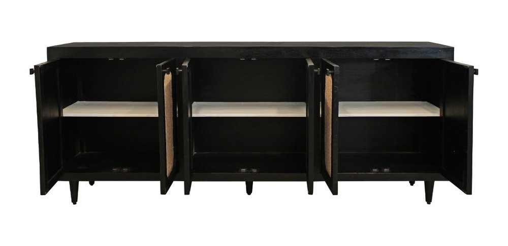 94" Black Distressed Solid Wood Sideboard with Six Doors on a white background