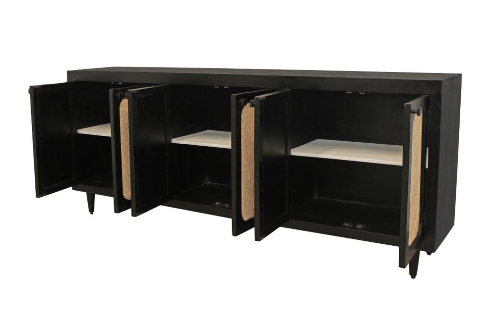 94" Black Distressed Solid Wood Sideboard with Six Doors on a white background