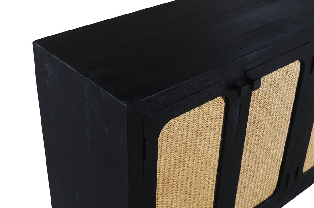 94" Black Distressed Solid Wood Sideboard with Six Doors close-up detail