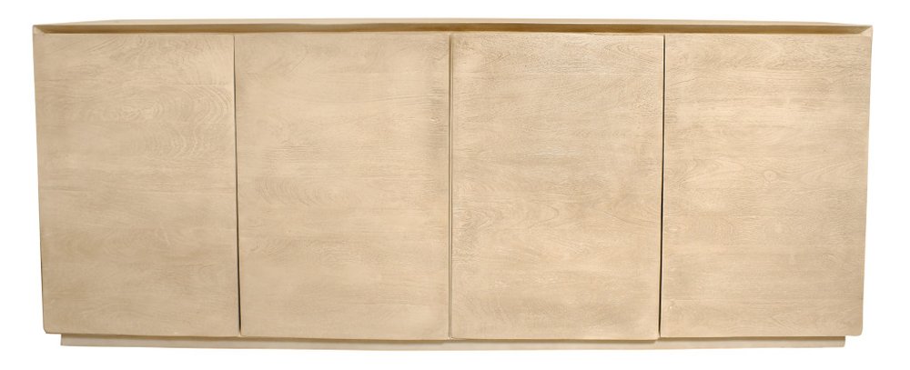 Natural distressed solid wood sideboard with four doors against a white background.