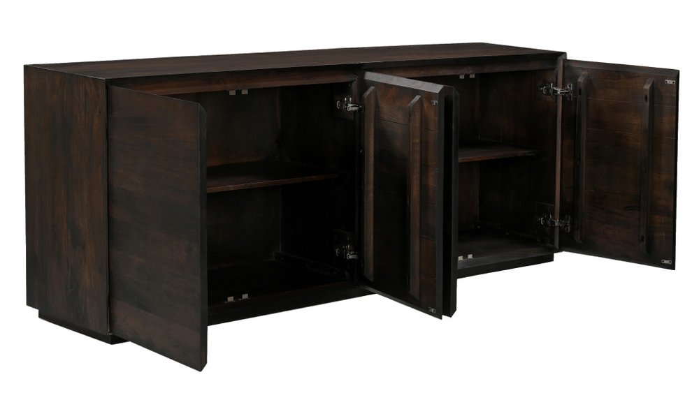 80" Dark Brown Distressed Solid Wood Sideboard With Four Doors on a white background
