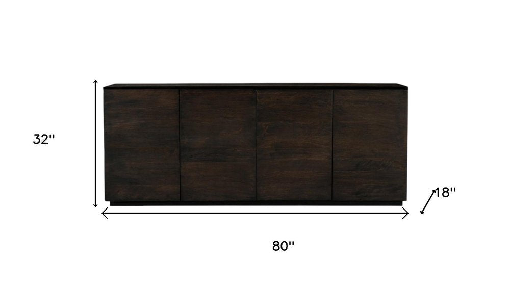 80" Dark Brown Distressed Solid Wood Sideboard With Four Doors on a white background